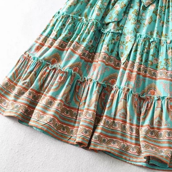 Boho Floral Gypsy Print Dress Mint Ruffle Frill - Picture 6 of 9